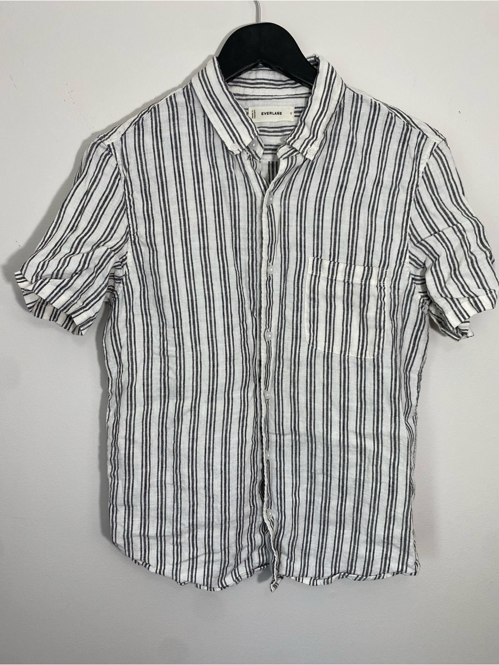Everlane Linen White & Black Striped Short Sleeve Button-Up Shirt Small